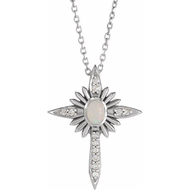 14K White Gold Natural White Opal & .06 CTW Natural Diamond Nativity Cross 16-18" Necklace