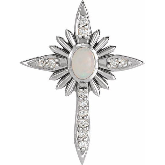 Sterling Silver Natural White Opal & .06 CTW Natural Diamond Nativity Cross Pendant