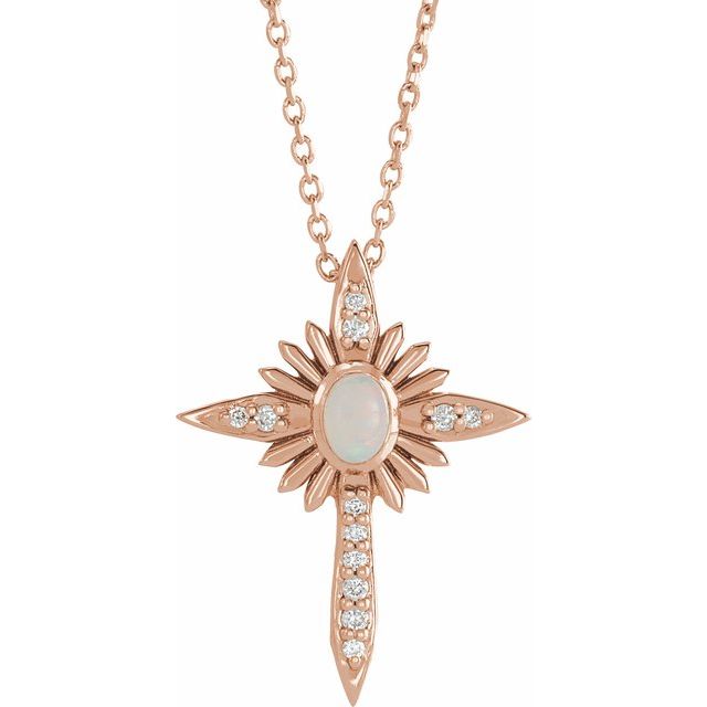 14K Rose Gold Natural White Opal & .06 CTW Natural Diamond Nativity Cross 16-18" Necklace
