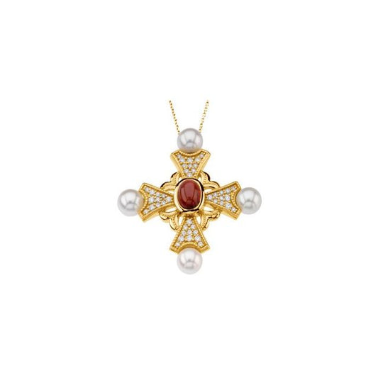 14K Yellow Gold Natural Mozambique Garnet, Cultured White Akoya Pearl & 1/2 CTW Natural Diamond Cross 18" Necklace  
