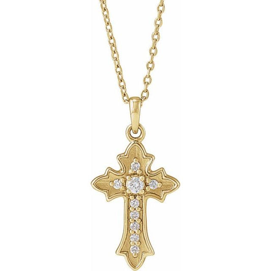 14K Yellow Gold .08 CTW Natural Diamond Vintage-Inspired Cross 16-18" Necklace