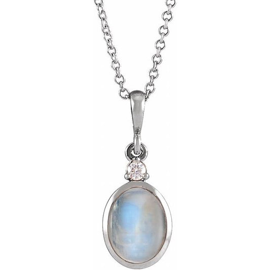 Sterling Silver Natural Rainbow Moonstone & Diamond Necklace