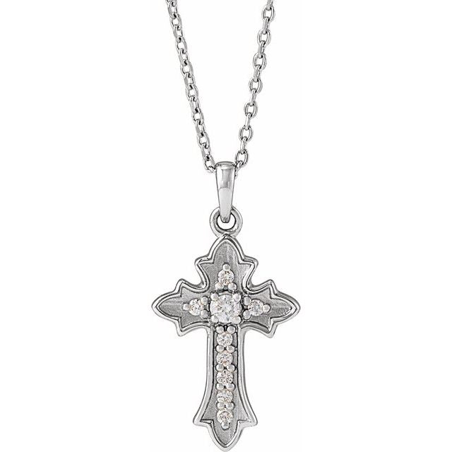 Sterling Silver .08 CTW Natural Diamond Vintage-Inspired Cross 16-18" Necklace