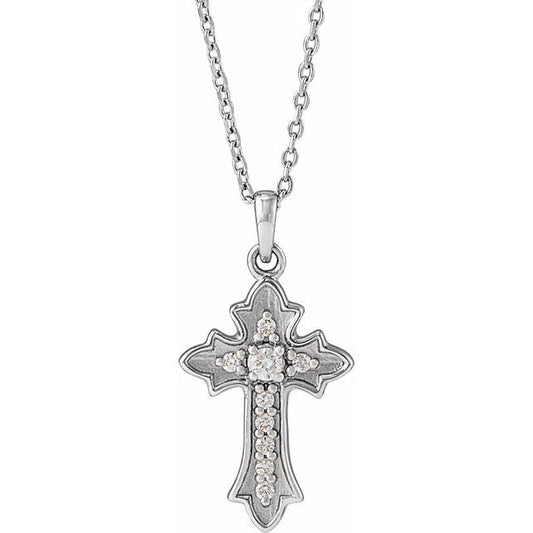 Sterling Silver .08 CTW Natural Diamond Vintage-Inspired Cross 16-18" Necklace
