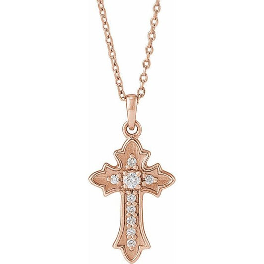 14K Rose Gold .08 CTW Natural Diamond Vintage-Inspired Cross 16-18" Necklace