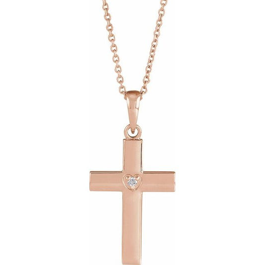 14K Rose Gold .015 CT Natural Diamond Engravable Cross 16-18" Necklace