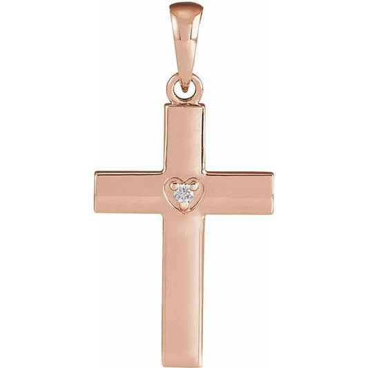 14K Rose Gold .015 CT Natural Diamond Engravable Cross Pendant