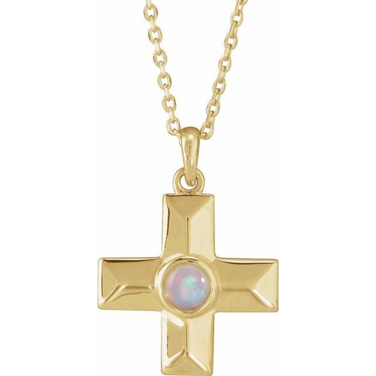 14K Yellow Gold Natural White Opal Gratitude Cross 16-18" Necklace