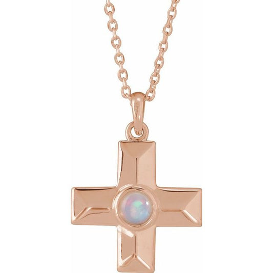 14K Rose Gold Natural White Opal Gratitude Cross 16-18" Necklace