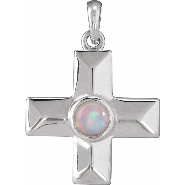 14K White Gold Natural White Opal Gratitude Cross Pendant