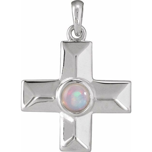 14K White Gold Natural White Opal Gratitude Cross Pendant