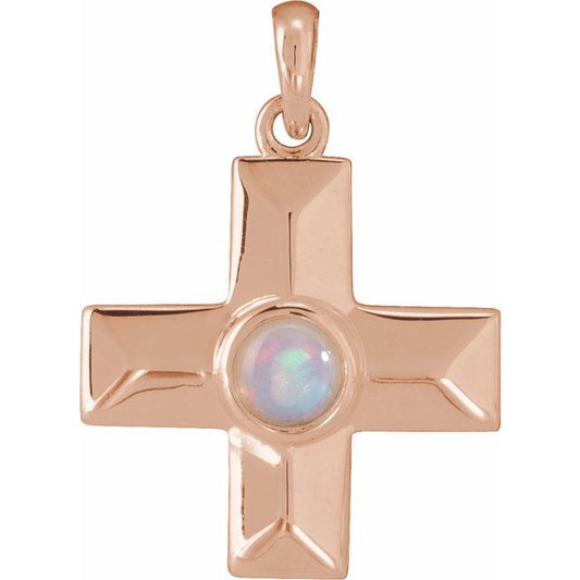14K Rose Gold Natural White Opal Gratitude Cross Pendant