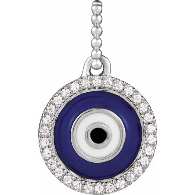 14K White Gold 1/10 CTW Natural Diamond Blue Enameled Evil Eye Pendant