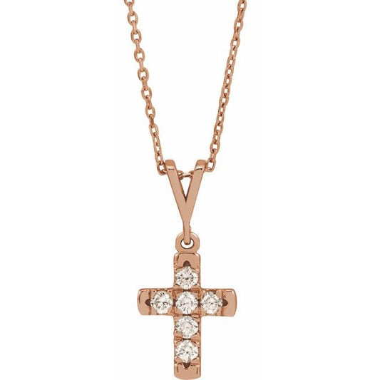 14K Rose Gold 1/4 CTW Natural Diamond French-Set Cross 16-18" Necklace