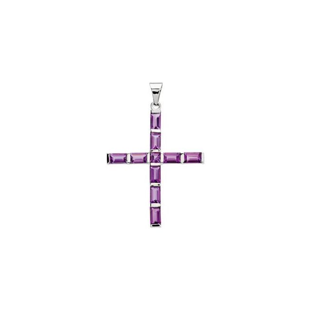 14K White Gold Natural Amethyst Cross Pendant 