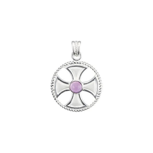 Sterling Silver Natural Amethyst Rope Maltese Cross Pendant