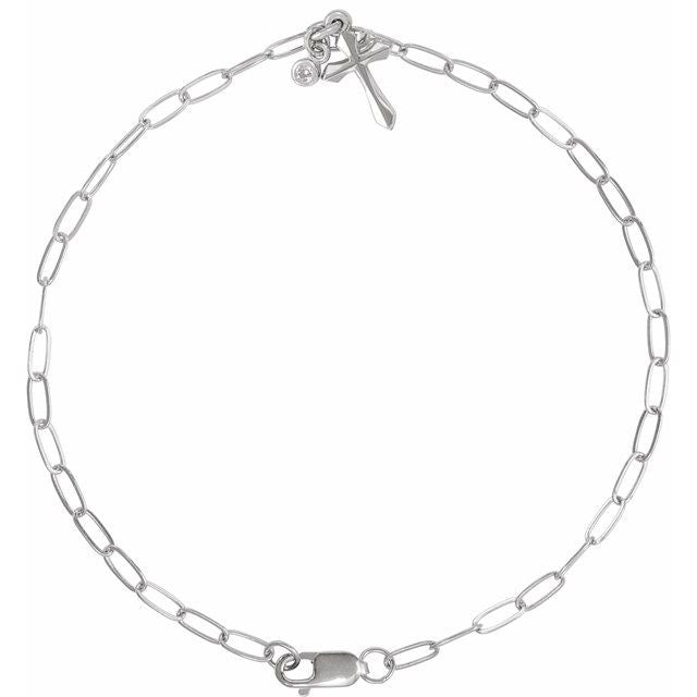 14K White Gold .03 CTW Natural Diamond Cross Charm 7" Bracelet
