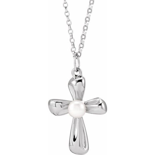 14K White Gold Cultured White Freshwater Pearl Cross 18" Necklace