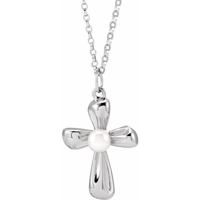 Sterling Silver Cultured White Freshwater Pearl Cross 18" Necklace