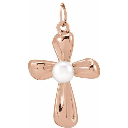14K Rose Gold Cultured White Freshwater Pearl Cross Pendant