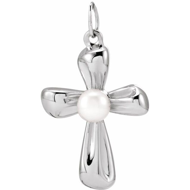 14K White Gold Cultured White Freshwater Pearl Cross Pendant