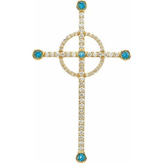 14K Yellow Gold Natural Swiss Blue Topaz & 1/2 CTW Natural Diamond Cross Pendant