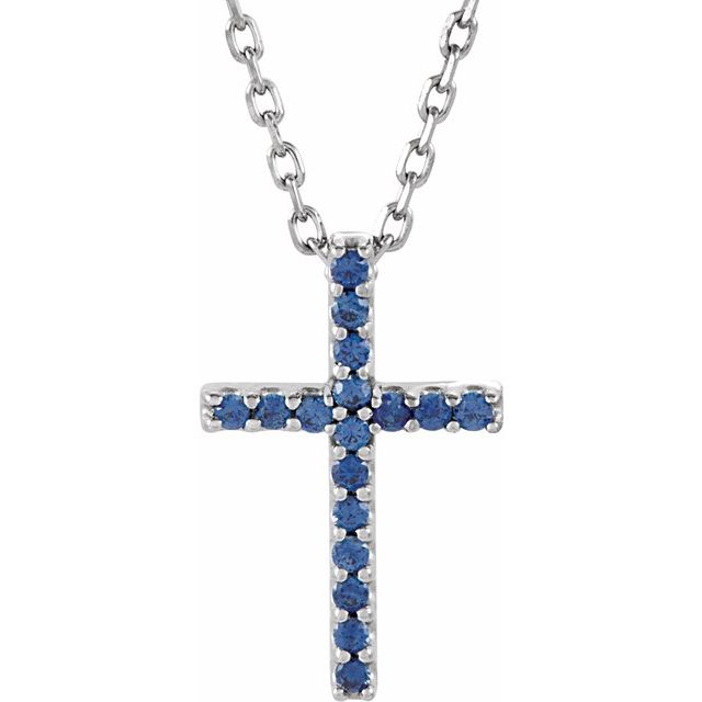 14K White Gold Natural Blue Sapphire Petite Cross 16" Necklace