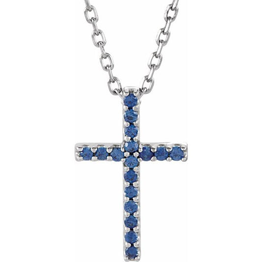 14K White Gold Natural Blue Sapphire Petite Cross 16" Necklace