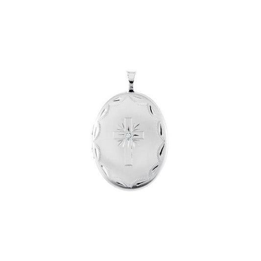 Sterling Silver .015 CT Natural Diamond Oval Cross Locket