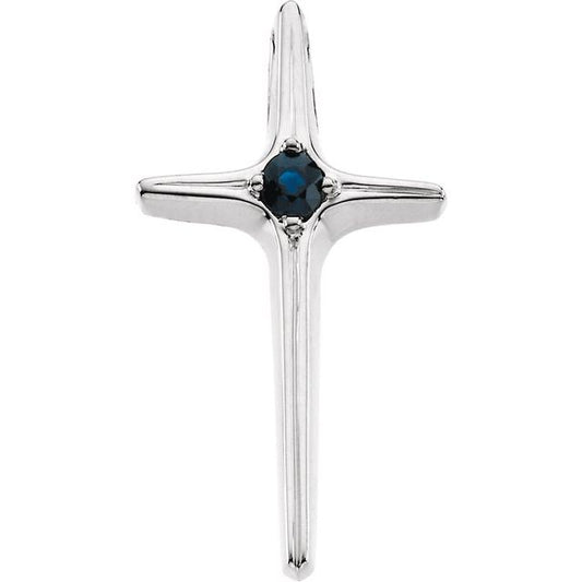 14K White Gold Natural Blue Sapphire Cross Pendant