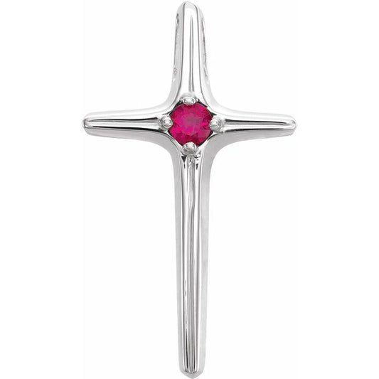 14K White Gold Natural Ruby Cross Pendant