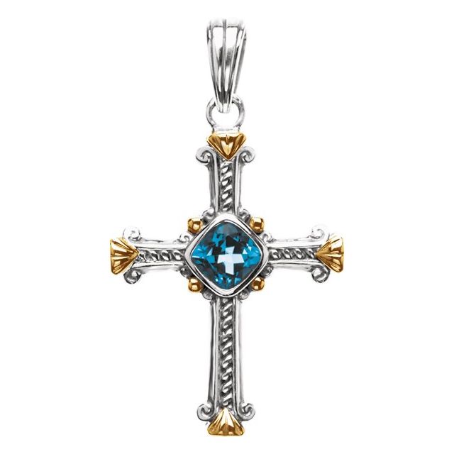 Sterling Silver & 14K Yellow Gold Natural Swiss Blue Topaz Cross Pendant