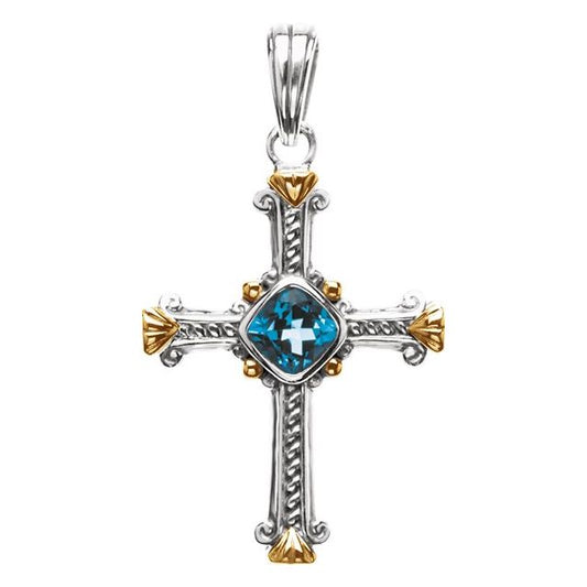 Sterling Silver & 14K Yellow Gold Natural Swiss Blue Topaz Cross Pendant