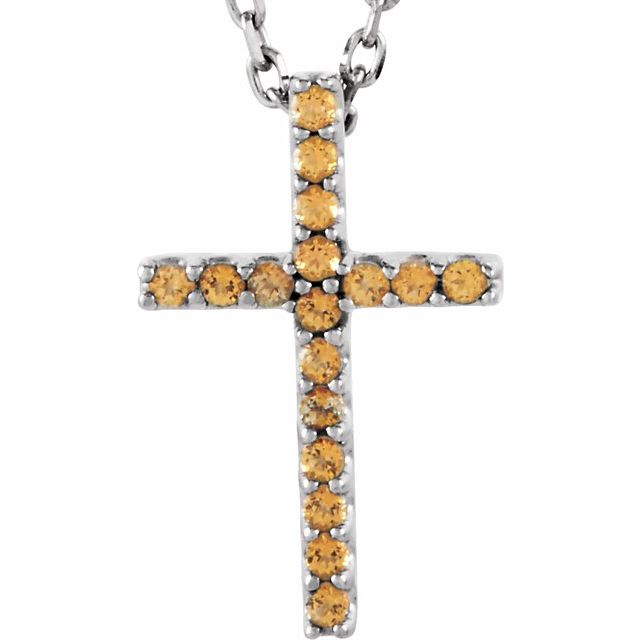 14K White Gold Natural Yellow Sapphire Petite Cross 16" Necklace