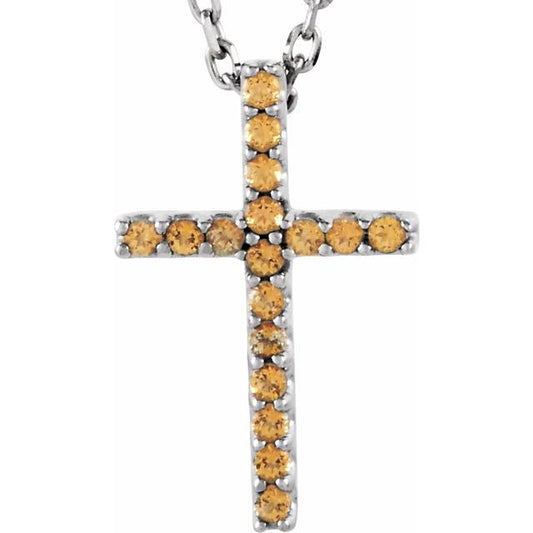 14K White Gold Natural Yellow Sapphire Petite Cross 16" Necklace