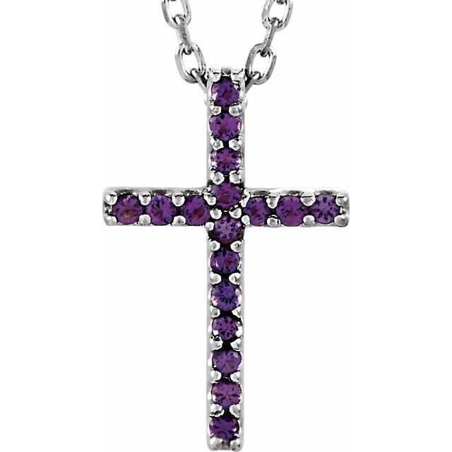 14K White Gold Natural Amethyst Petite Cross 16" Necklace
