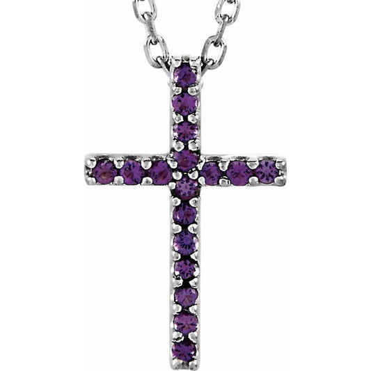 14K White Gold Natural Amethyst Petite Cross 16" Necklace