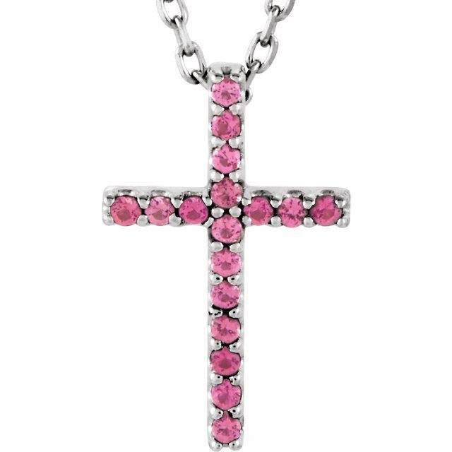 14K White Gold Natural Pink Tourmaline Petite Cross 16" Necklace