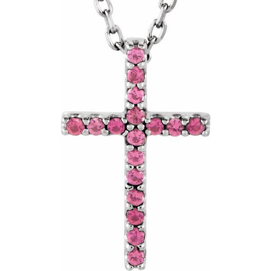 14K White Gold Natural Pink Tourmaline Petite Cross 16" Necklace