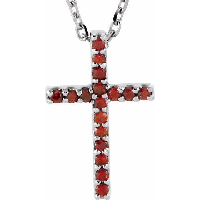 14K White Gold Natural Mozambique Garnet Petite Cross 16" Necklace