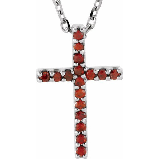 14K White Gold Natural Mozambique Garnet Petite Cross 16" Necklace