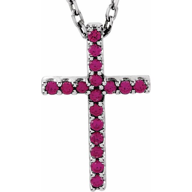 14K White Gold Natural Ruby Petite Cross 16" Necklace
