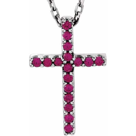 14K White Gold Natural Ruby Petite Cross 16" Necklace