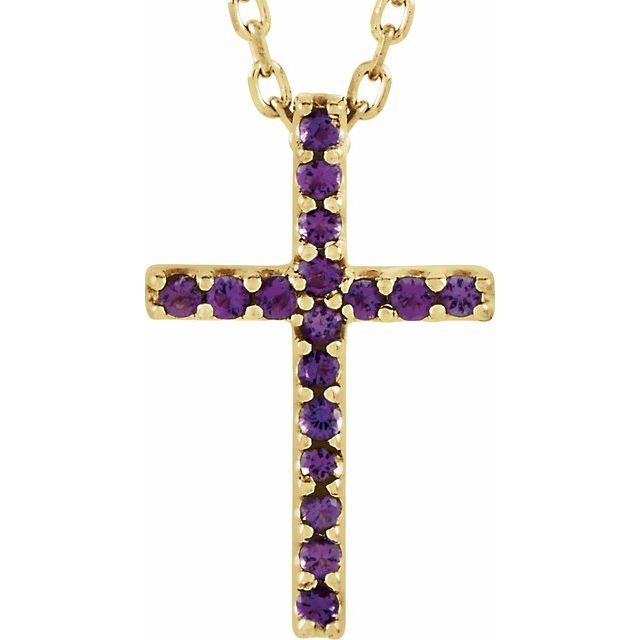 14K Yellow Gold Natural Amethyst Petite Cross 16" Necklace
