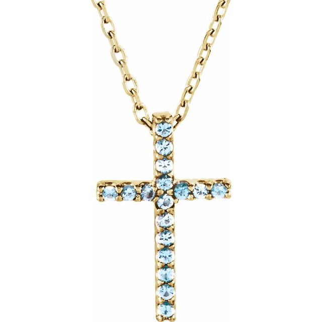 14K Yellow Gold Natural Aquamarine Petite Cross 16" Necklace