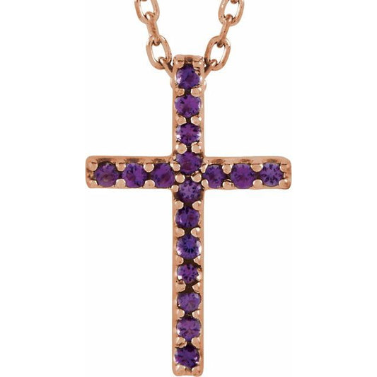 14K Rose Gold Natural Amethyst Petite Cross 16" Necklace