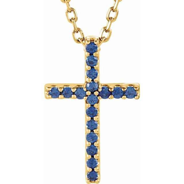 14K Yellow Gold Natural Blue Sapphire Petite Cross 16" Necklace
