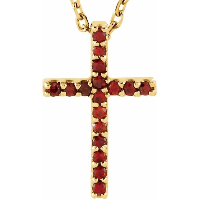 14K Yellow Gold Natural Mozambique Garnet Petite Cross 16" Necklace
