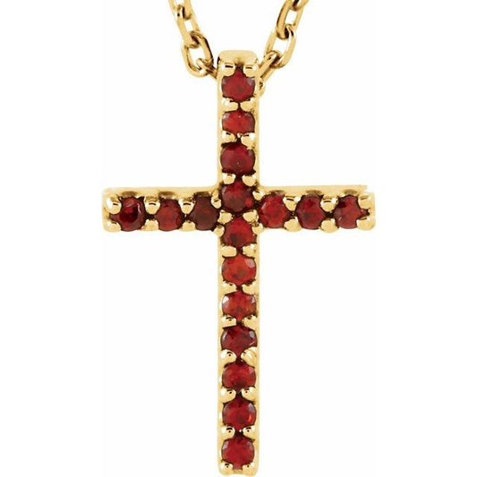 14K Yellow Gold Natural Mozambique Garnet Petite Cross 16" Necklace