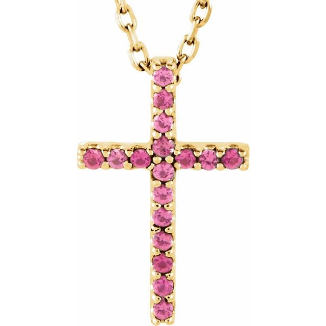 14K Yellow Gold Natural Pink Tourmaline Petite Cross 16" Necklace